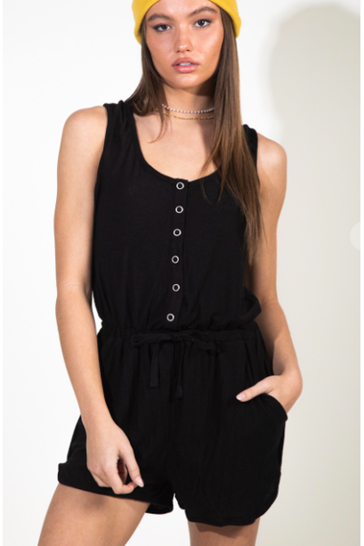Black Button Down Sleeveless Romper