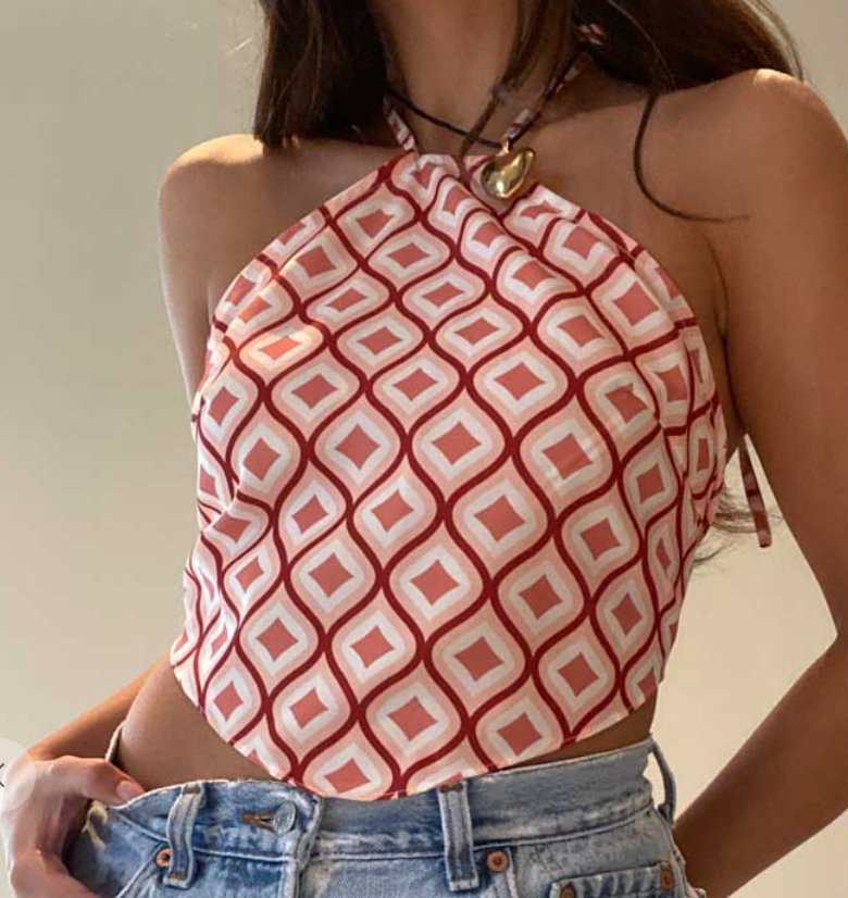 Peach Abstract Print Halter Sleeveless Top
