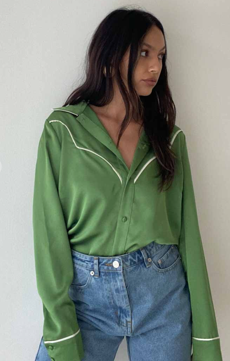 Emerald Green Long Sleeve Collared Button Up Satin Top