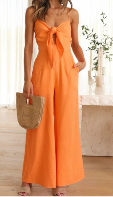 Bright Orange Front Tie Wide Leg Woven Jumpsuit