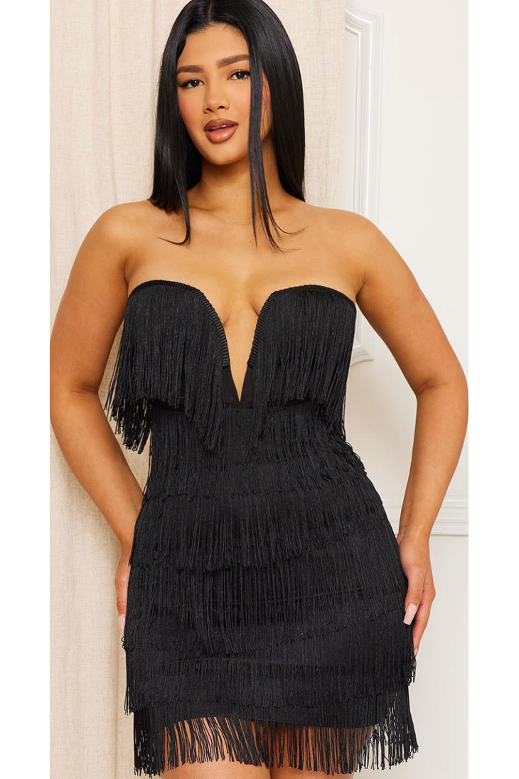 Black Tiered Fringe V Neck Mini Dress