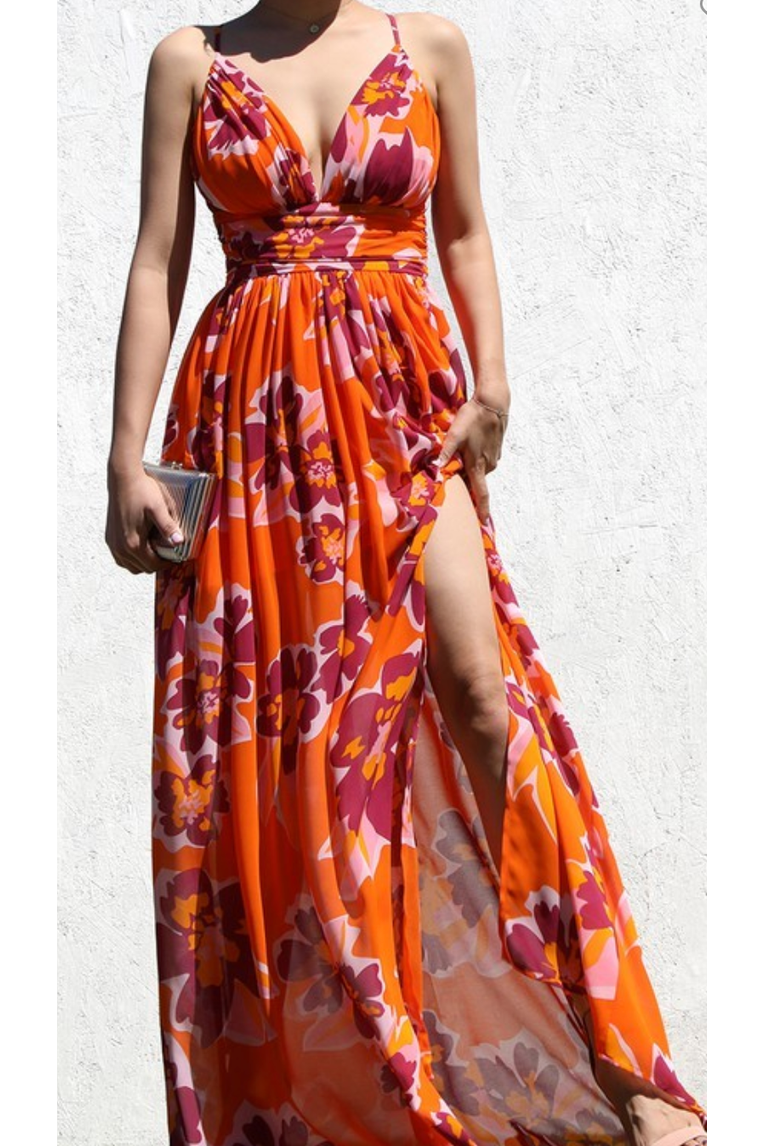 Bright Sunset Floral Print Sleeveless Maxi Dress