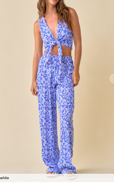 Sapphire Floral Tie Top and Wide Leg Pants Set