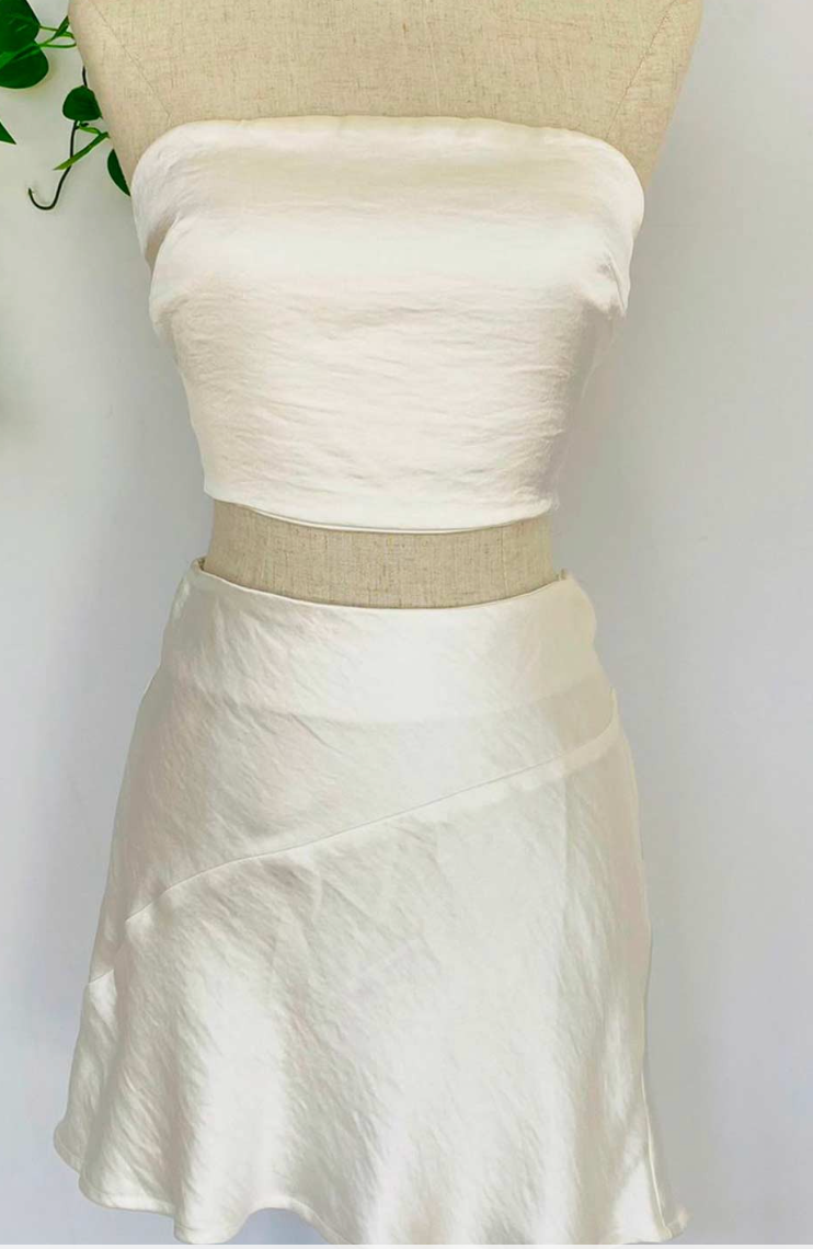 Off White Satin Strapless Top and Mini Skirt Set