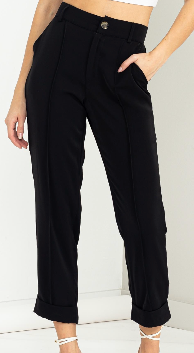 Black High Waisted Tapered Pintuck Pants