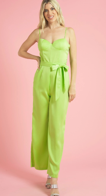 Bright Lime Tie Waist Wide Leg Satin Jumpsuit