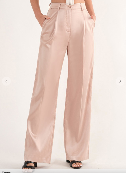 Beige High Waisted Wide Leg Satin Pants