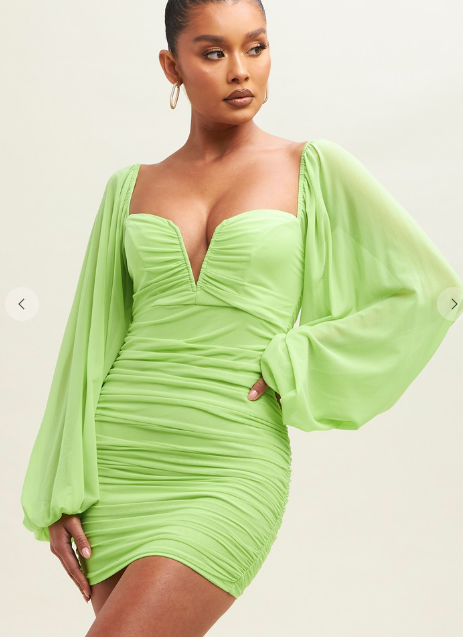 Lime Bubble Sleeve Ruched Bodycon Mini Dress