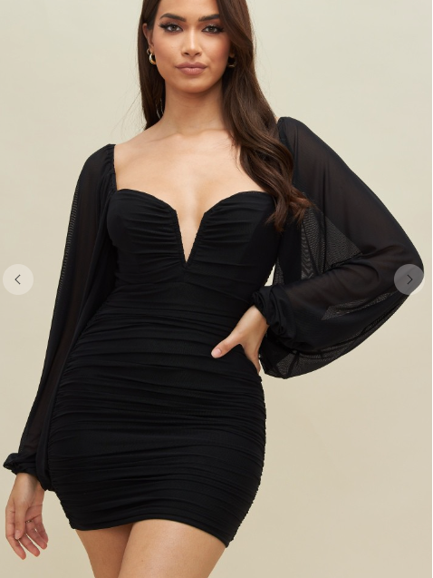 Black Bubble Sleeve Ruched Bodycon Mini Dress