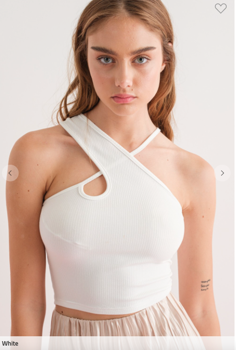 Off White Asymmetrical Neck Ribbed Tank Top