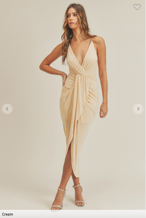 Cream Deep V Sleeveless Draped Midi Dress