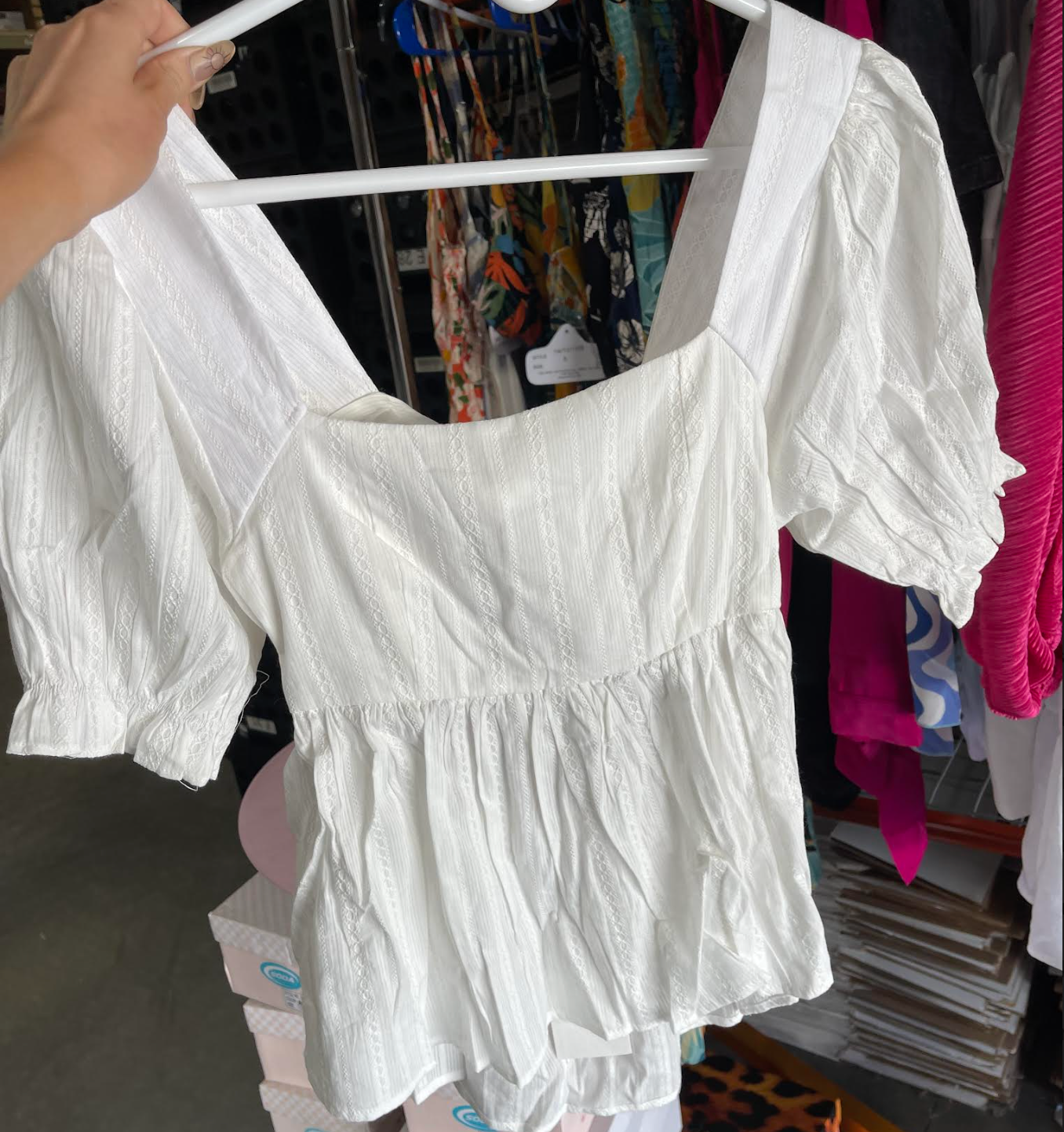 Off White Puff Sleeve Square Neck Babydoll Top