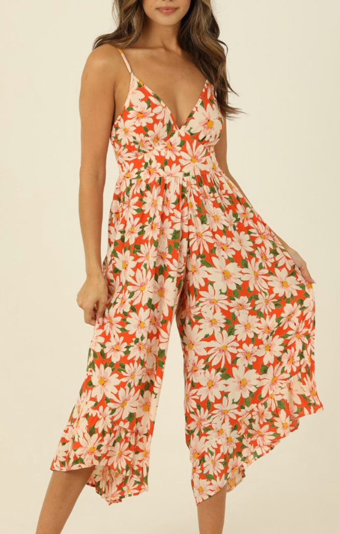 Fire Floral Print Sleeveless Angled Leg Jumpsuit