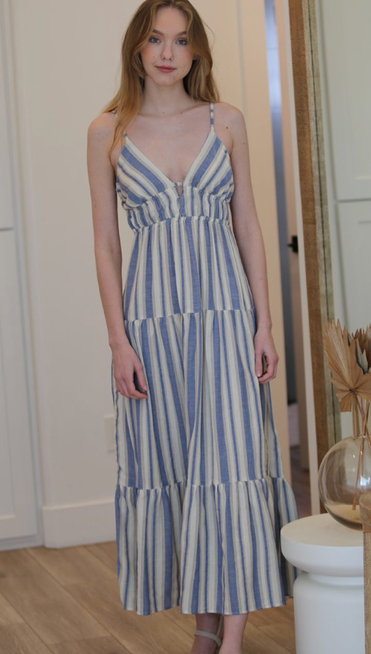 Steel Blue and Cream V Neck Tiered Maxi Dress