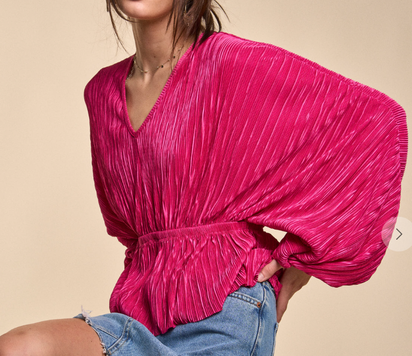 Magenta Satin Plisse V Neck Dolman Sleeve Blouse