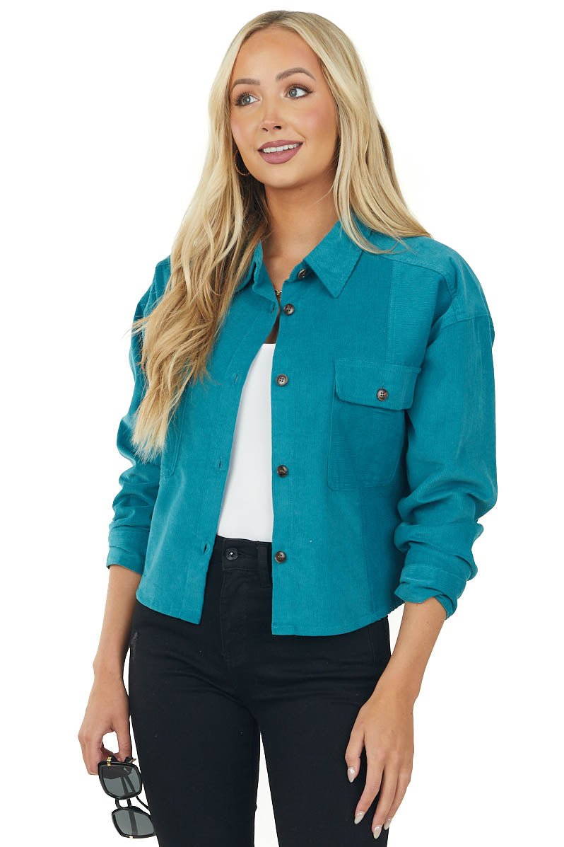 Sea Blue Corduroy Button Down Shirt Jacket