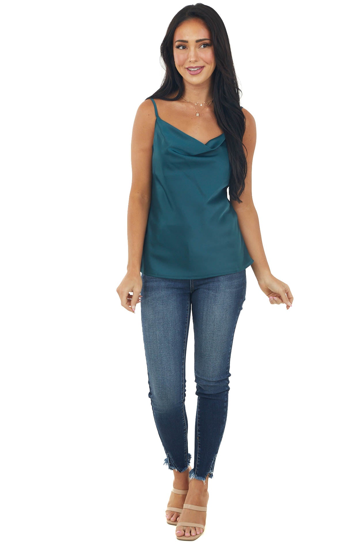 Sea Blue Cowl Neck Adjustable Strap Satin Cami