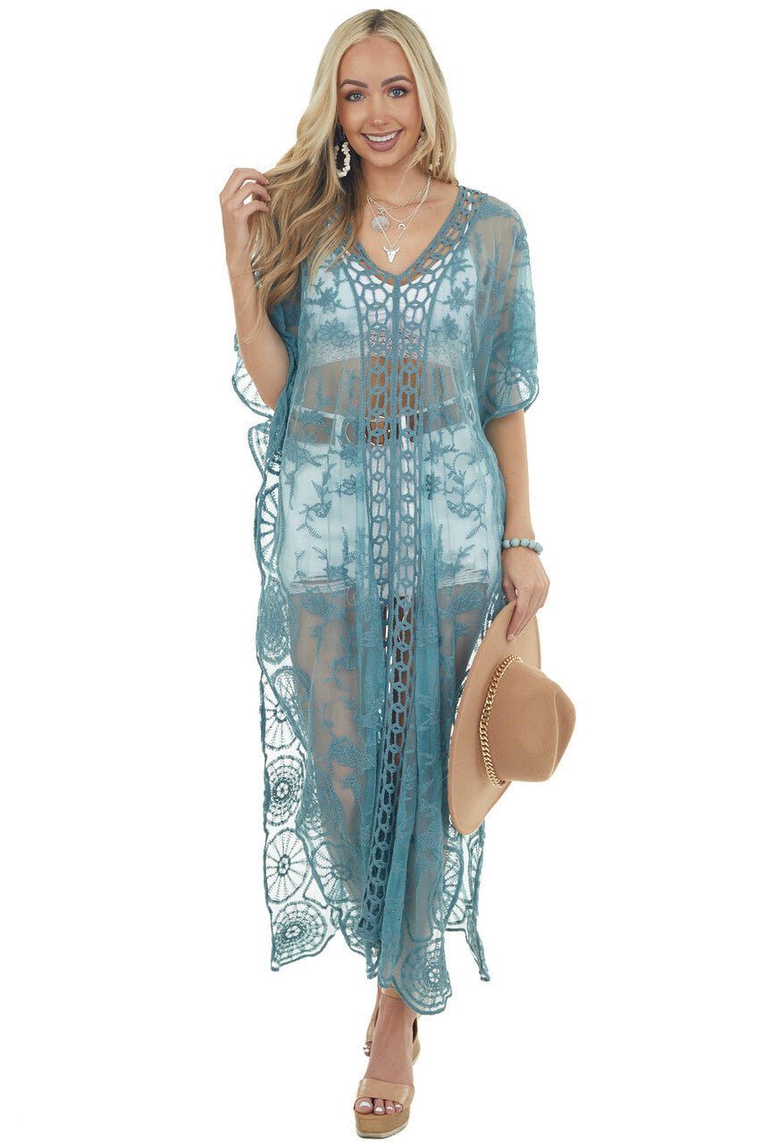 Sea Blue Crochet Detail Side Slit Mesh Cover Up