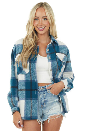 Sea Blue Plaid Chest Pocket Soft Shacket