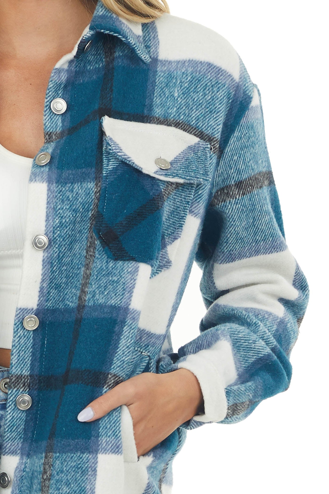 Sea Blue Plaid Chest Pocket Soft Shacket