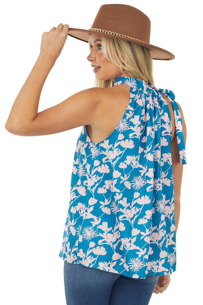 Sea Blue and Cherry Blossom Floral Halter Neck Top