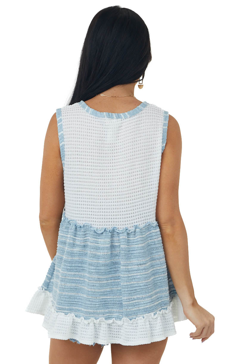 Sea Blue and Off White Colorblock Waffle Knit Tank