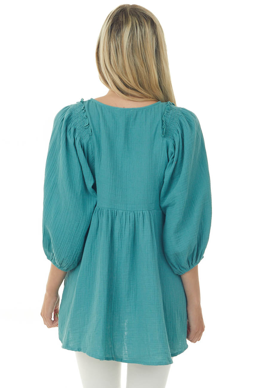 Sea Green Puff Sleeve Babydoll Gauze Tunic Top