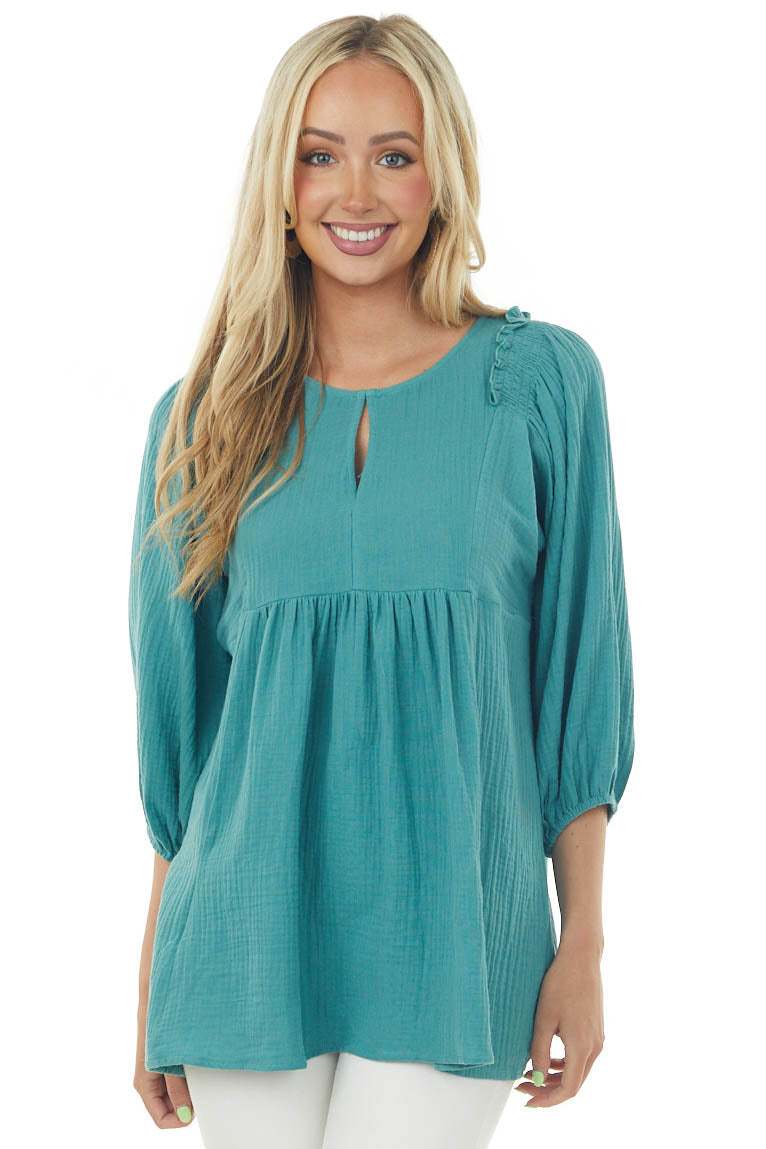 Sea Green Puff Sleeve Babydoll Gauze Tunic Top