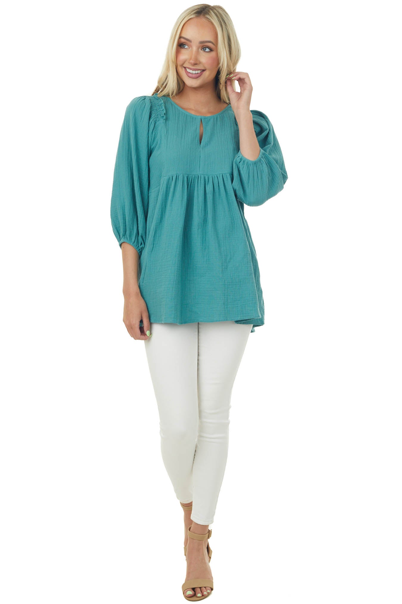 Sea Green Puff Sleeve Babydoll Gauze Tunic Top
