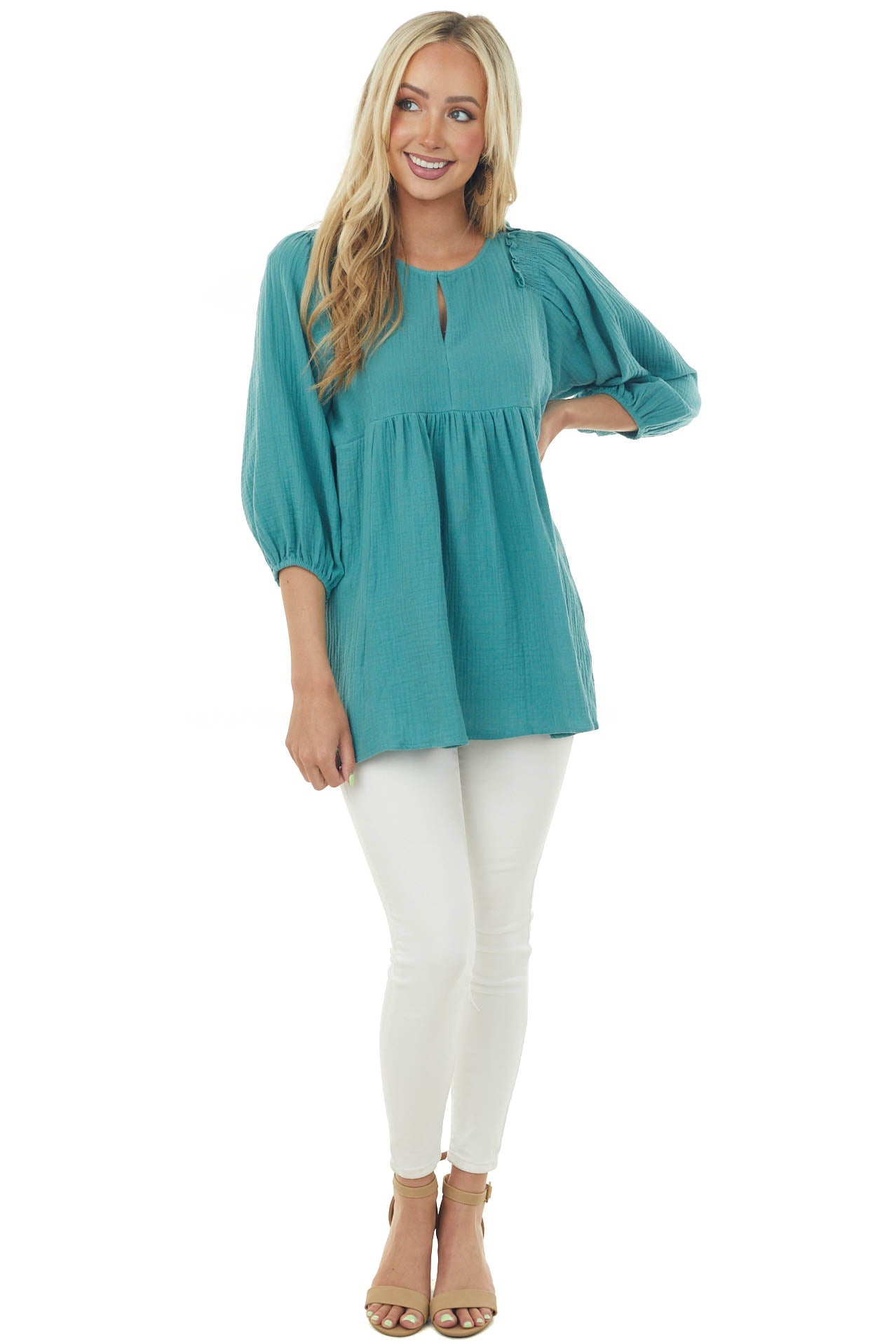 Sea Green Puff Sleeve Babydoll Gauze Tunic Top