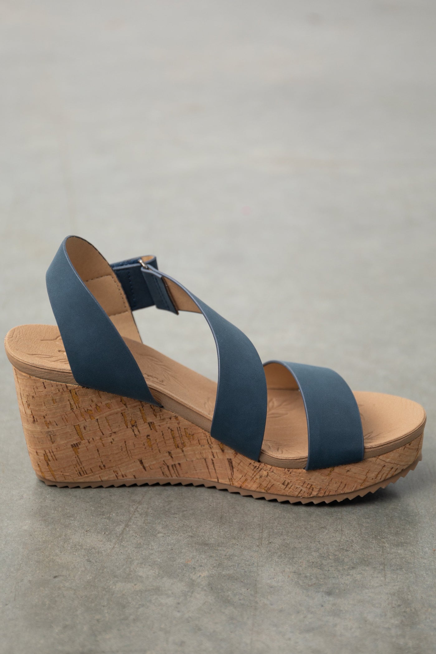Sea Blue Nubuck Double Strap High Heel Cork Wedges