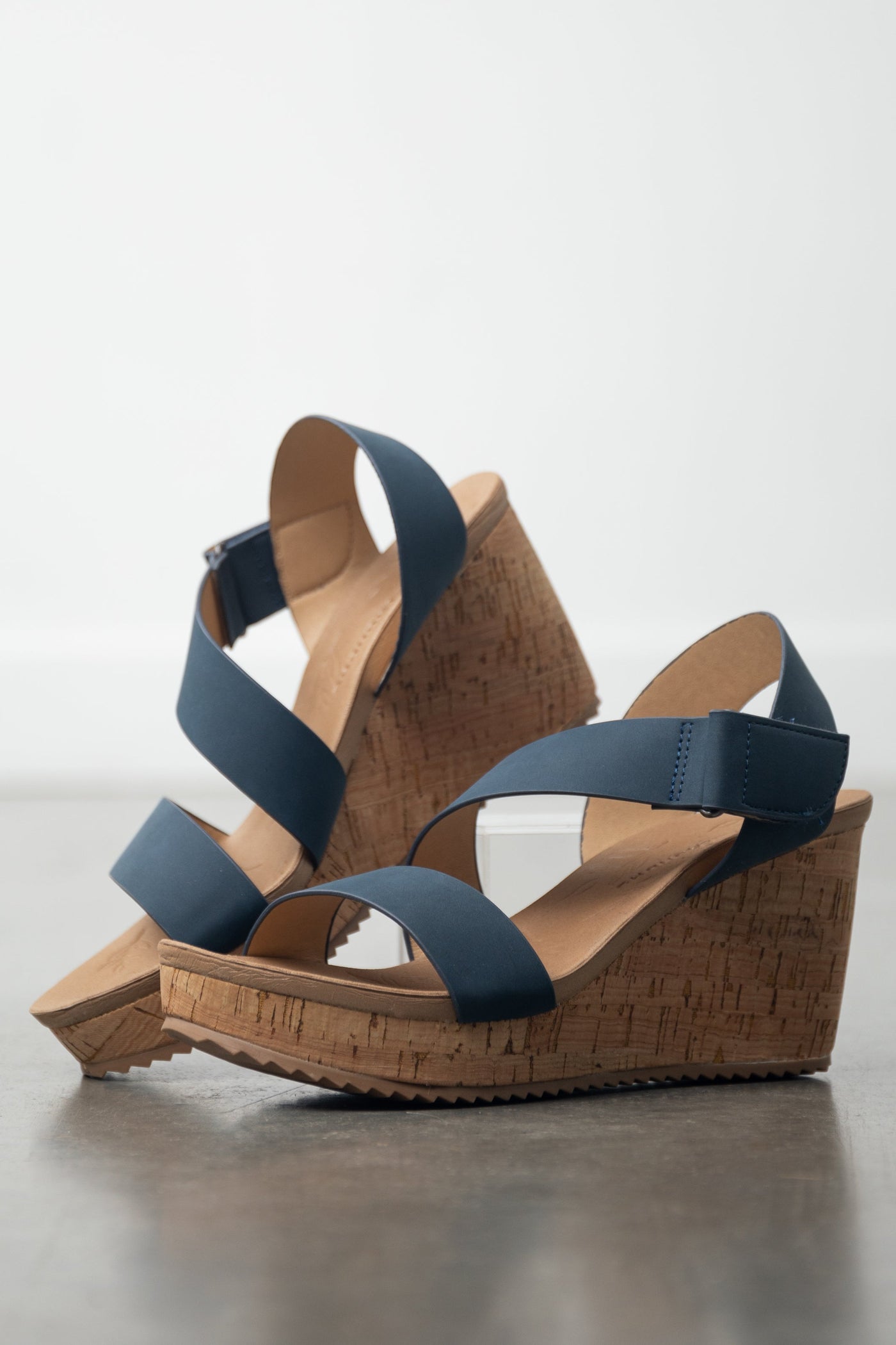 Sea Blue Nubuck Double Strap High Heel Cork Wedges