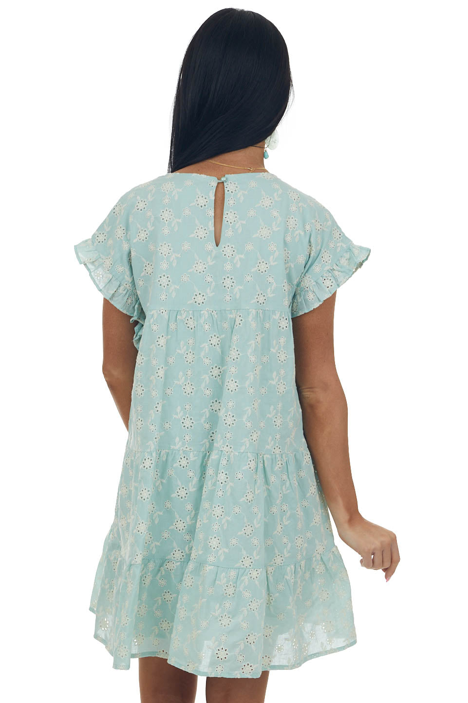 Seafoam Floral Embroidered Tiered Mini Dress