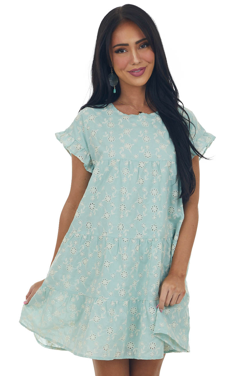 Seafoam Floral Embroidered Tiered Mini Dress