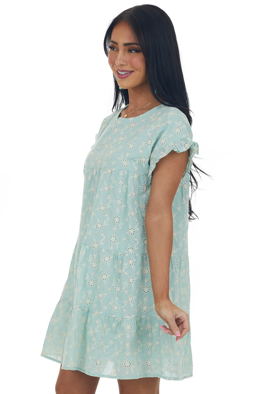 Seafoam Floral Embroidered Tiered Mini Dress