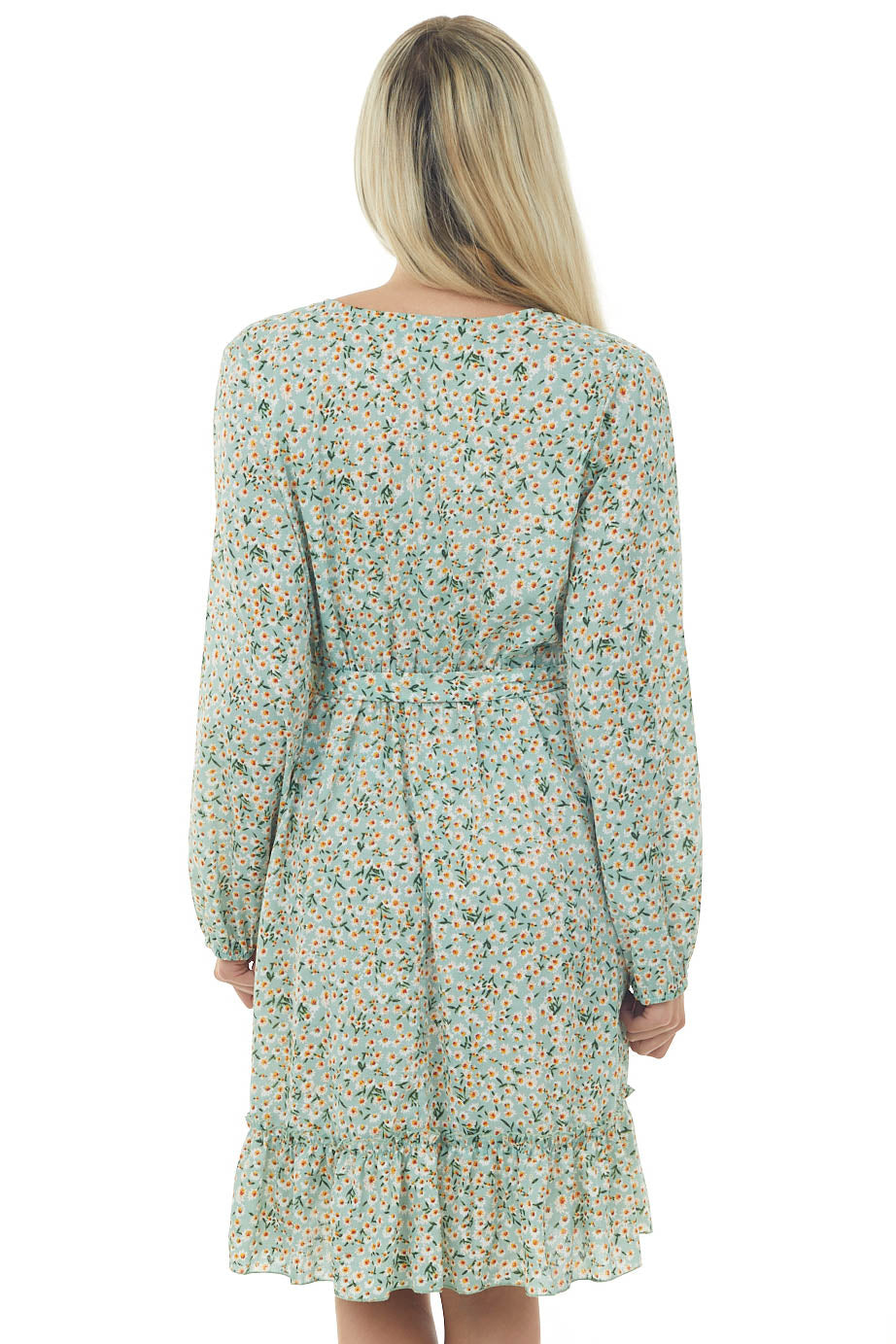 Seafoam Floral Long Sleeve Surplice Neck Dress
