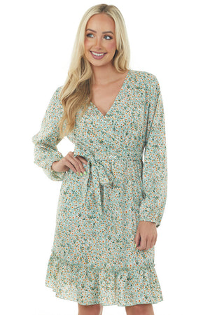 Seafoam Floral Long Sleeve Surplice Neck Dress