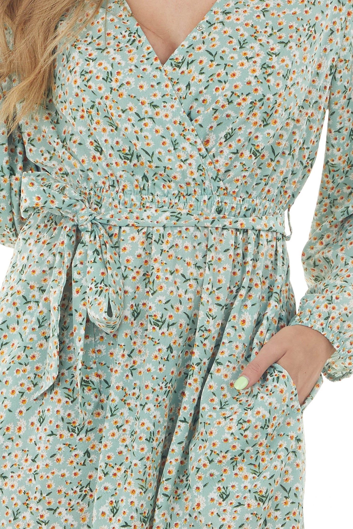 Seafoam Floral Long Sleeve Surplice Neck Dress