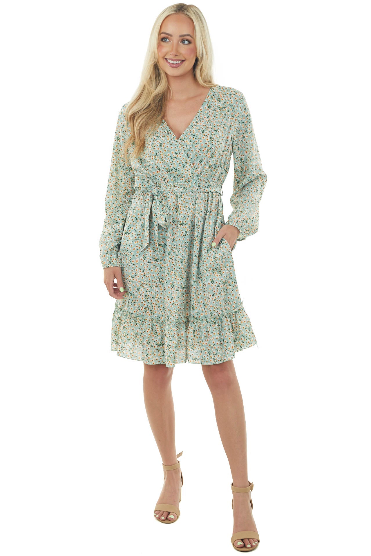 Seafoam Floral Long Sleeve Surplice Neck Dress