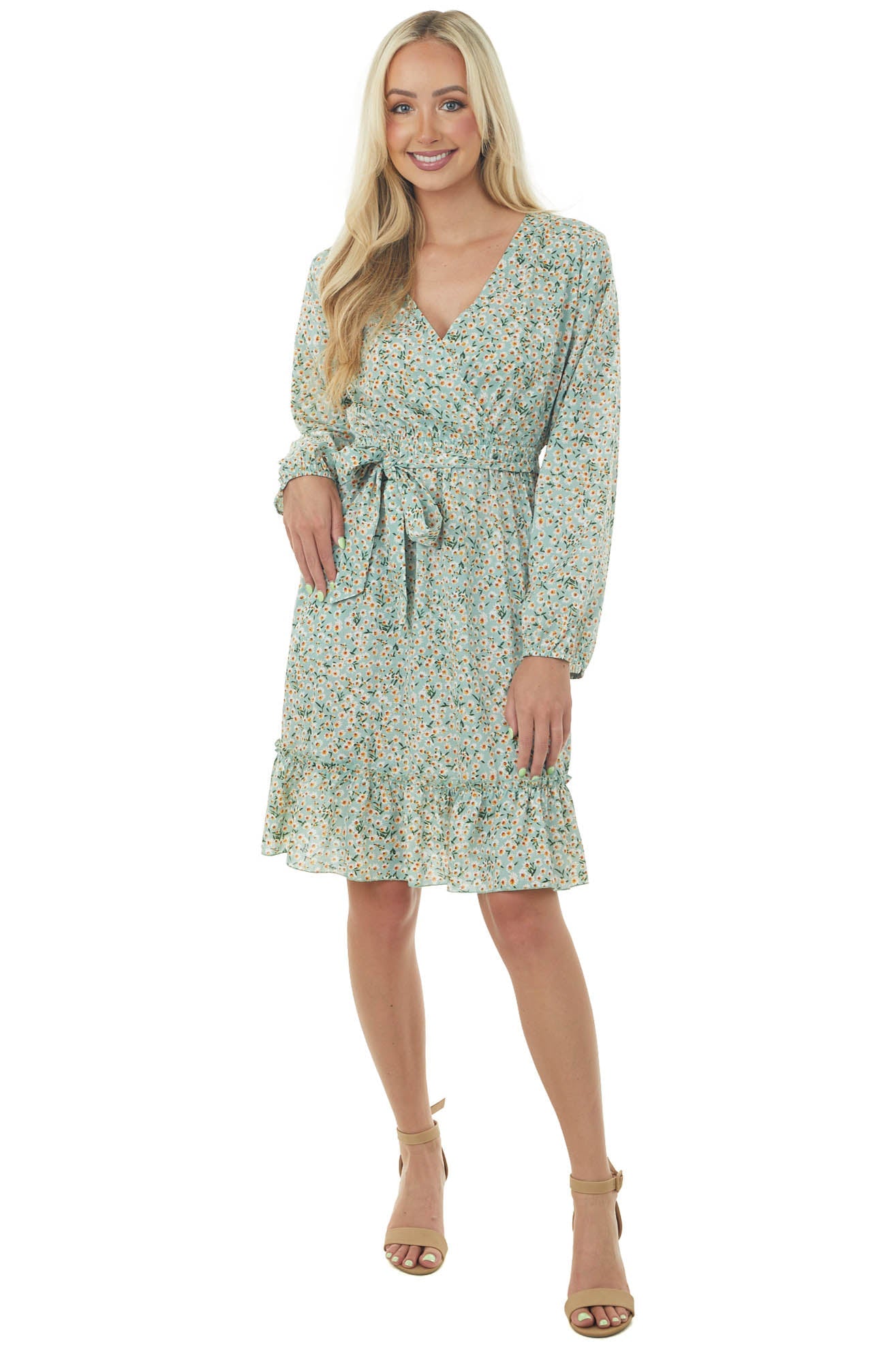 Seafoam Floral Long Sleeve Surplice Neck Dress
