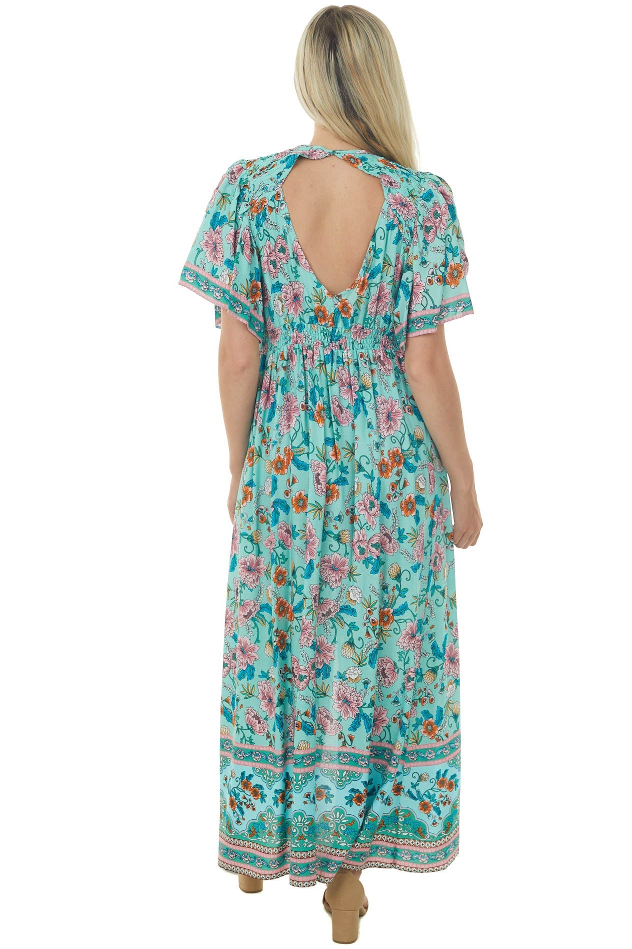 Seafoam Floral Print Button Up Maxi Dress