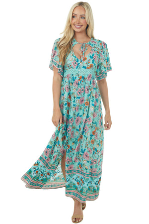 Seafoam Floral Print Button Up Maxi Dress
