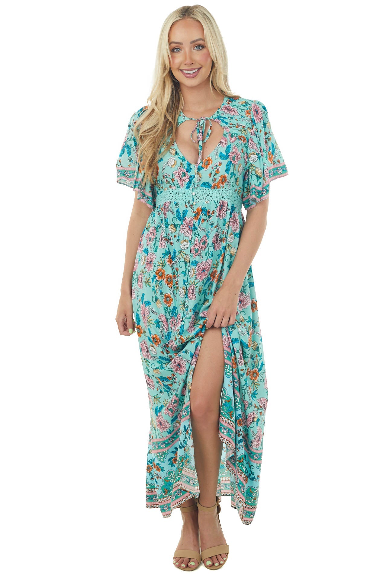 Seafoam Floral Print Button Up Maxi Dress