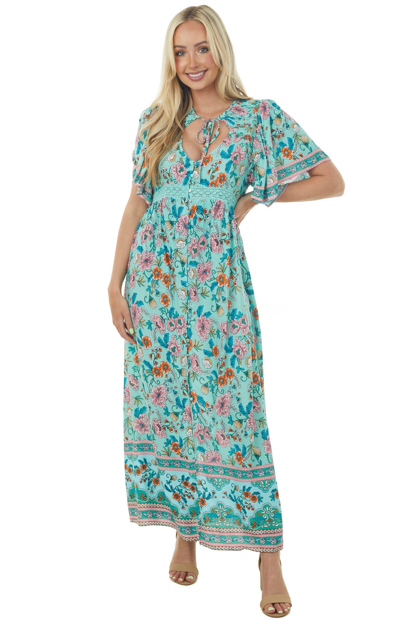 Seafoam Floral Print Button Up Maxi Dress