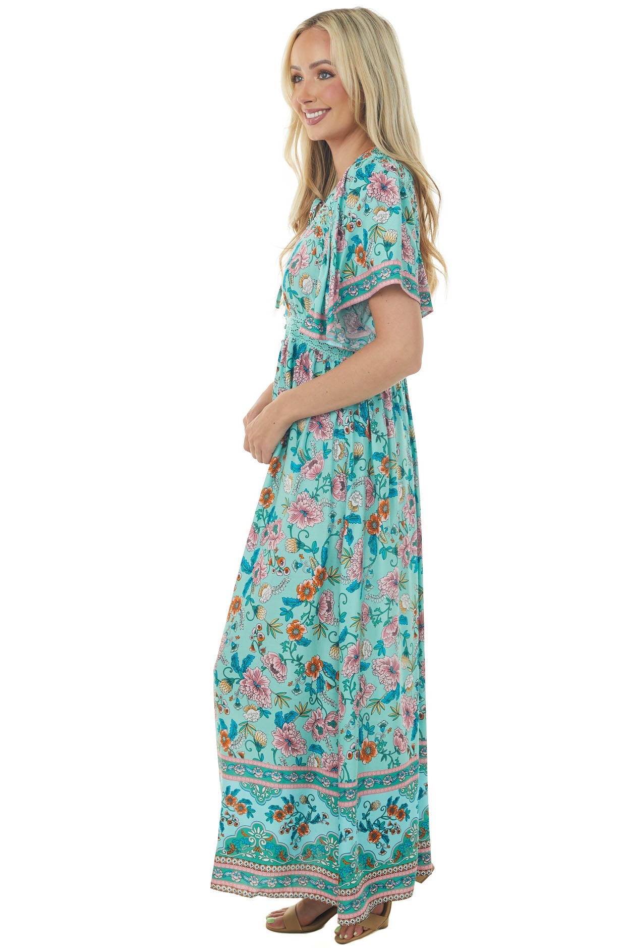 Seafoam Floral Print Button Up Maxi Dress