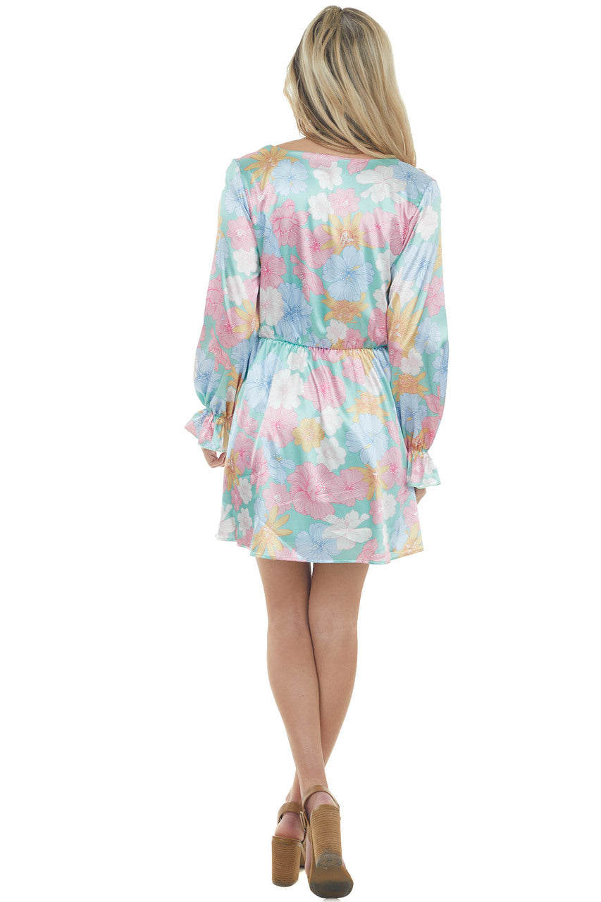 Seafoam Floral Print Surplice Satin Short Dress 