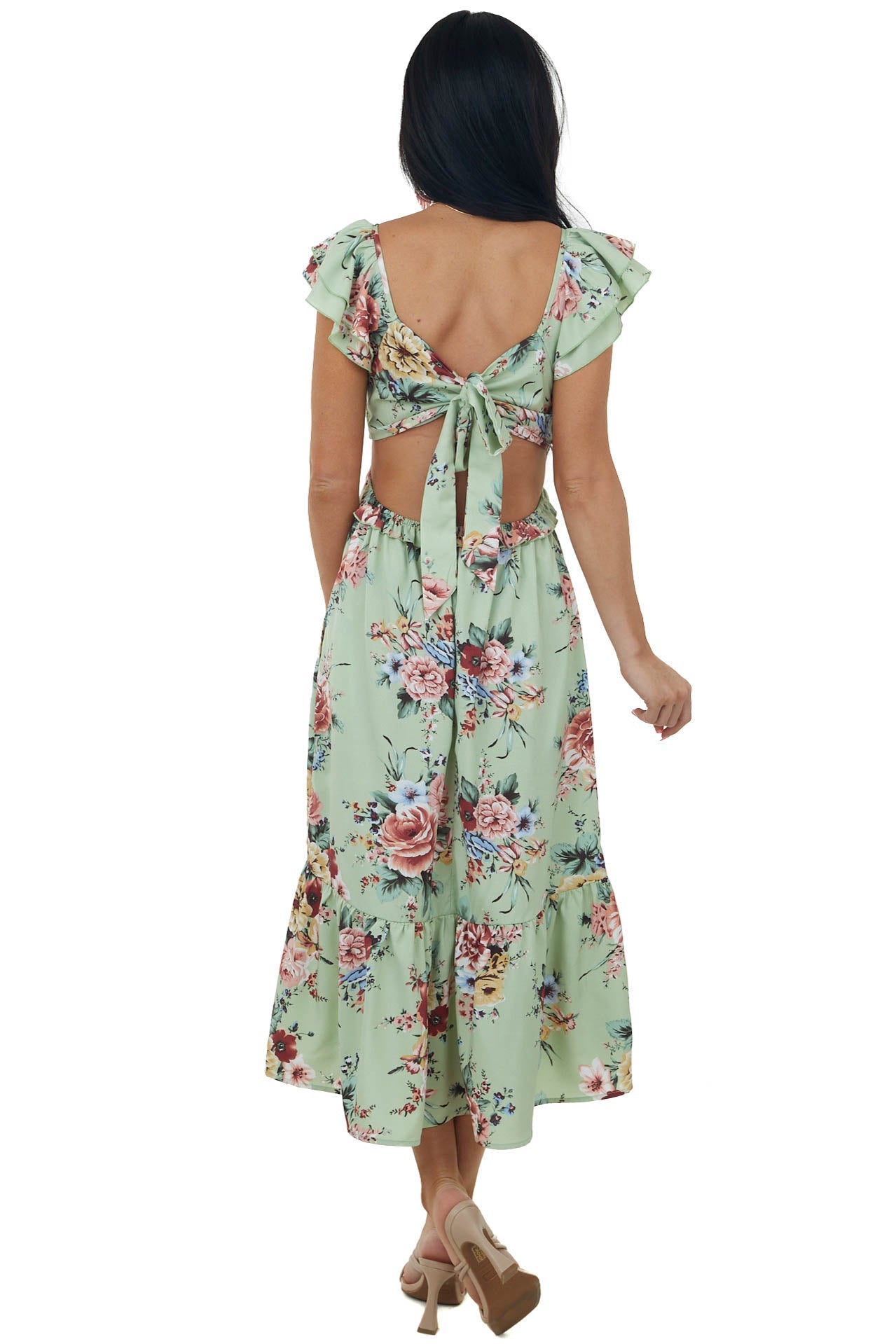 Seafoam Floral Printed Ruffle Sleeve Midi Dress