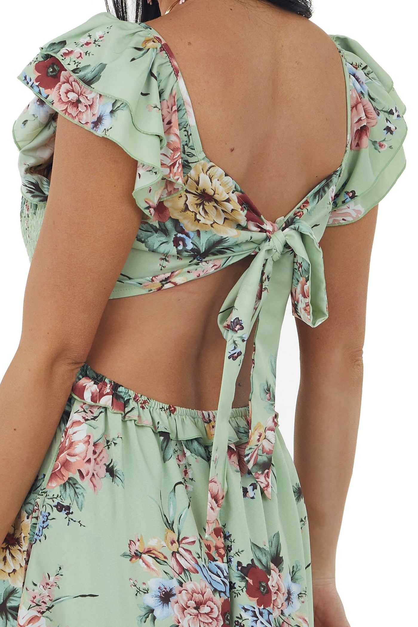 Seafoam Floral Printed Ruffle Sleeve Midi Dress