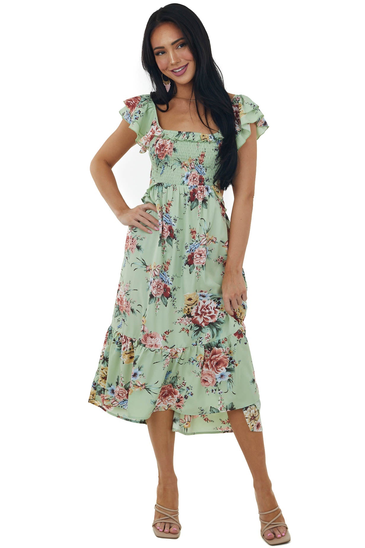 Seafoam Floral Printed Ruffle Sleeve Midi Dress