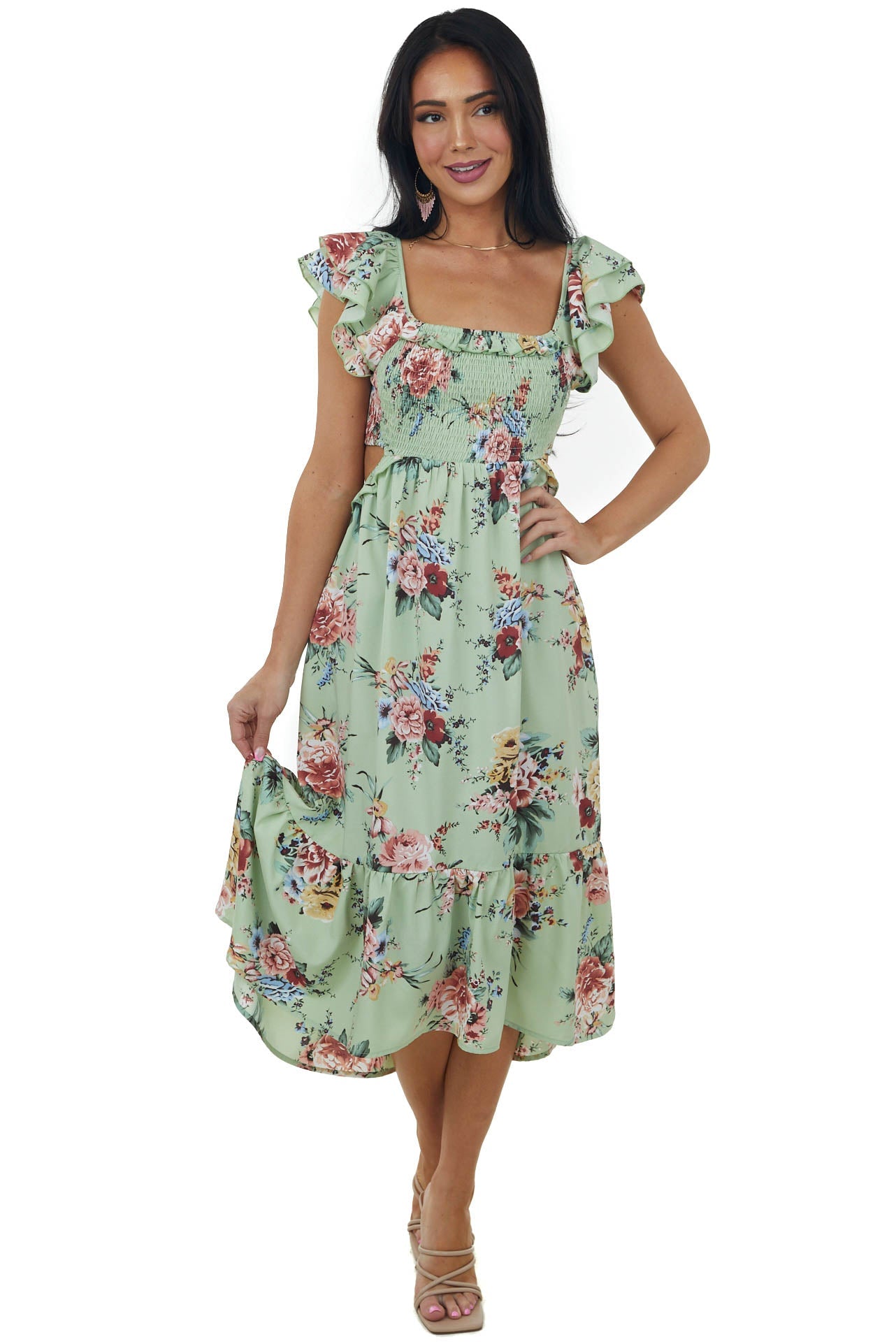 Seafoam Floral Printed Ruffle Sleeve Midi Dress